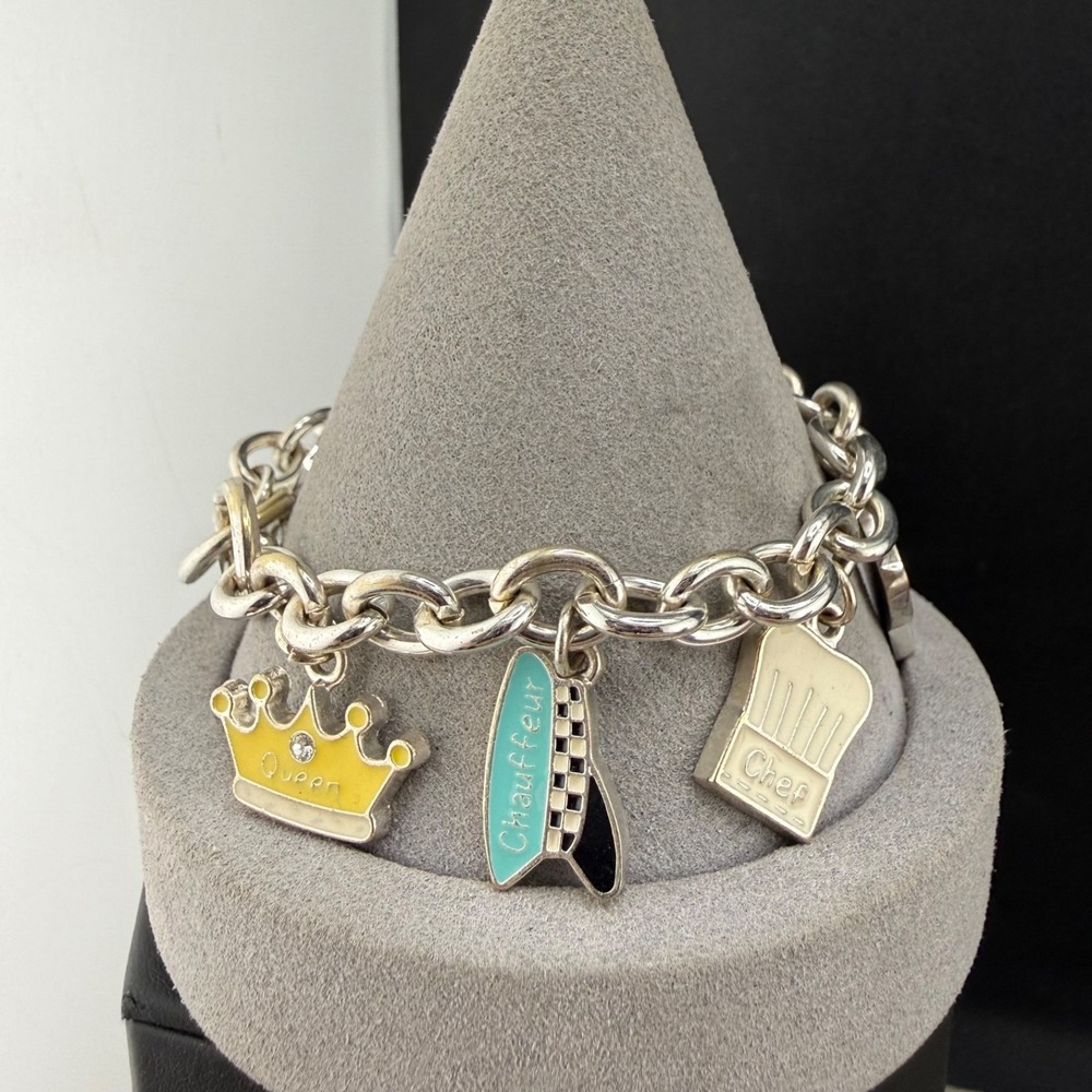 Vintage Hallmark Charm Bracelet Silver Enamel Mom Nurse Chef Crown 7in